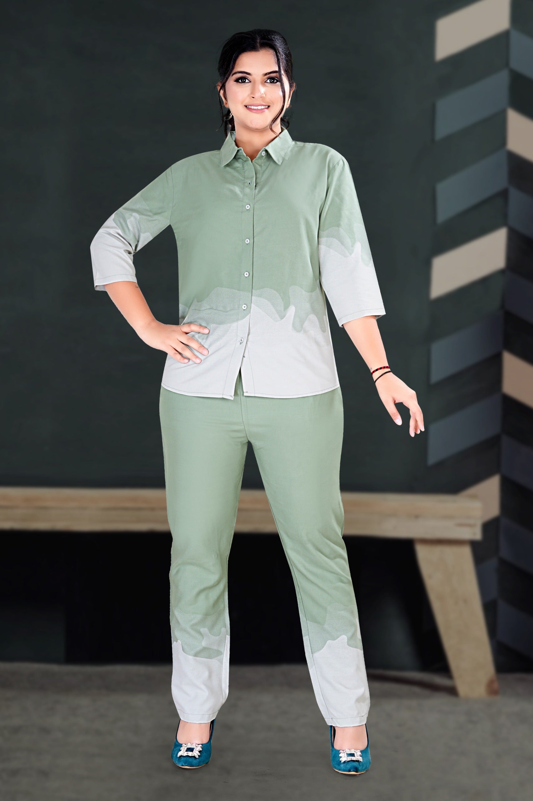 Sage Green Ombre Shirt & Pant Co-ord Set