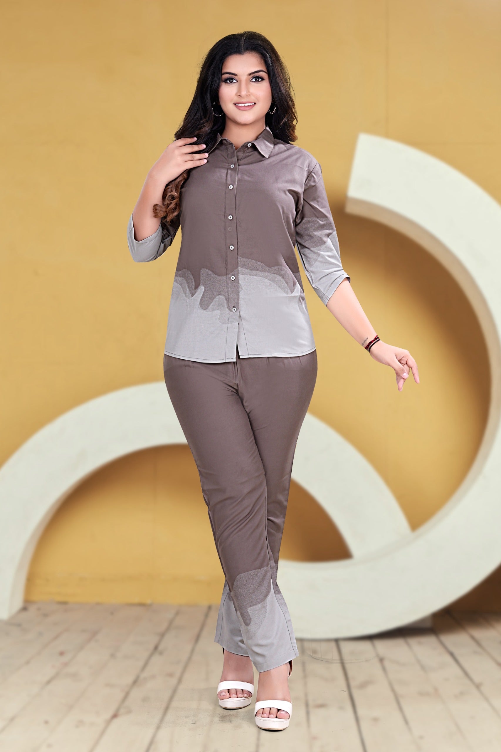 Brown Ombre Shirt & Pant Co-ord Set