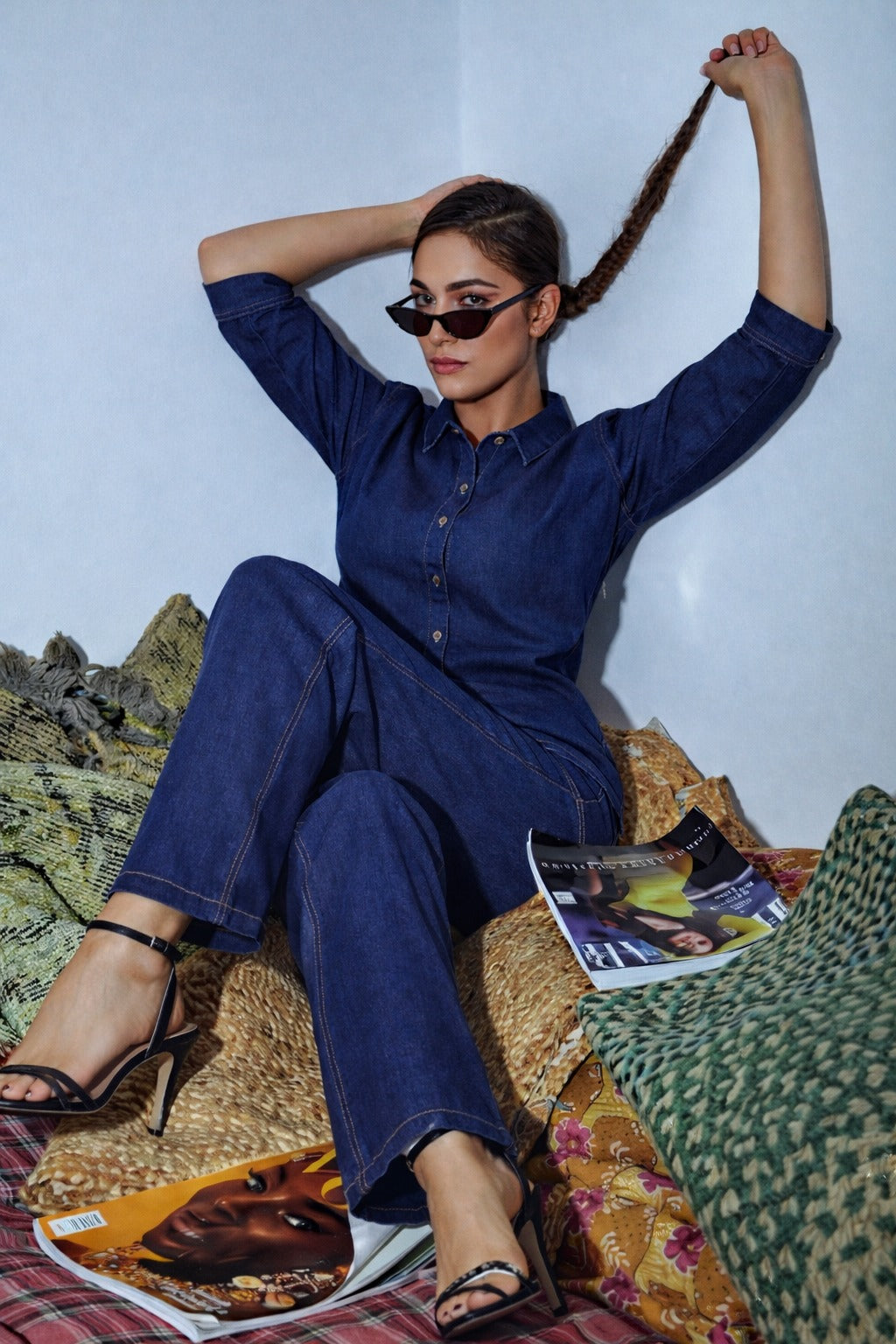 GroHood Denim Co-ord Set – Indigo Blue Shirt & Wide-Leg Pants