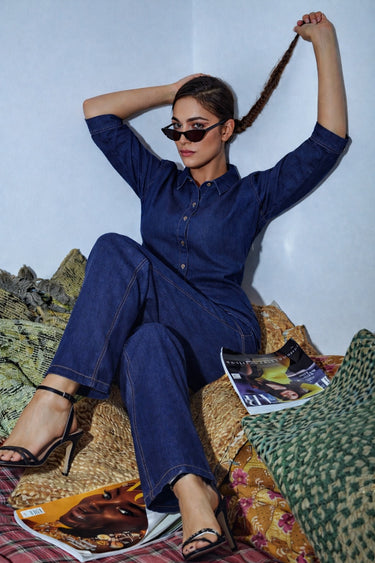 GroHood Denim Co-ord Set – Indigo Blue Shirt & Wide-Leg Pants