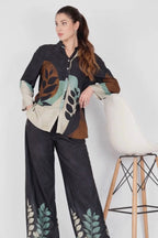 Women Black Leaf Print Shirt with Palazzo Co-ord Set
