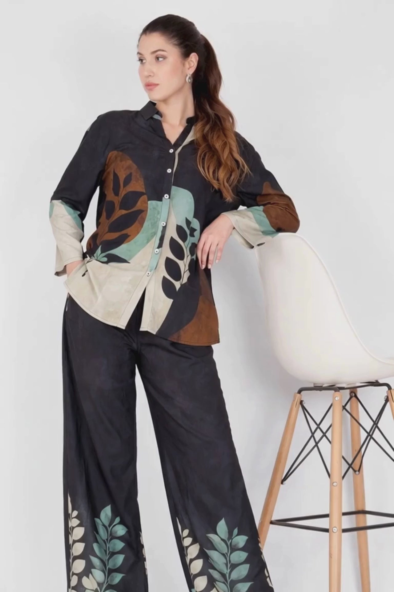 Women Black Leaf Print Shirt with Palazzo Co-ord Set