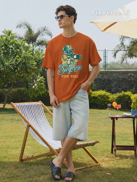 Men's Brown 'A Surprise For You' Skull Graphic Oversized T-Shirt