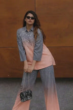 Women Grey & Peach Ombre Printed Shirt with Palazzo Co-ord Set