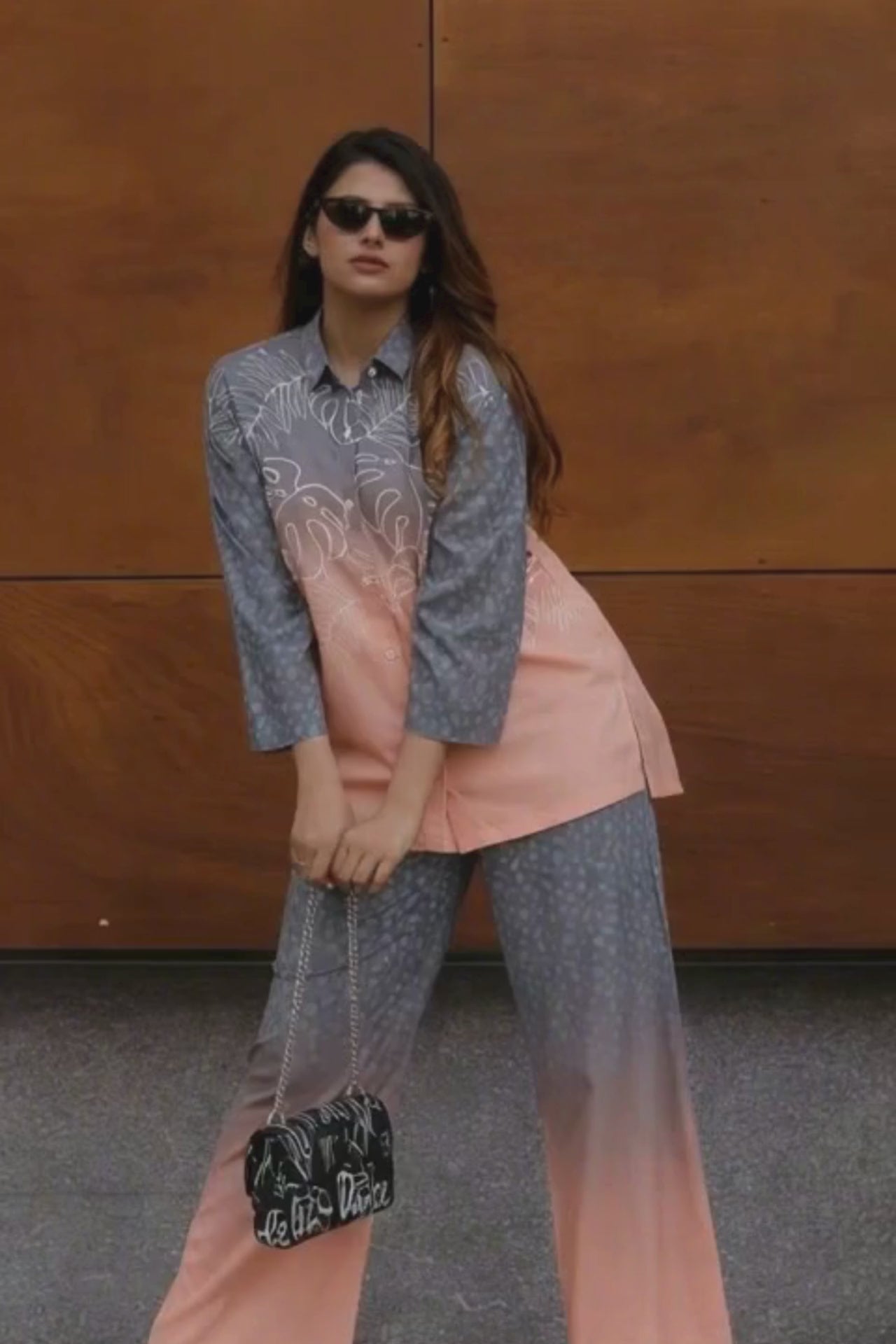 Women Grey & Peach Ombre Printed Shirt with Palazzo Co-ord Set