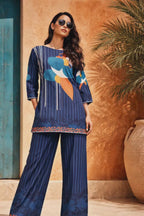 Women Navy Blue Floral Printed Kurti with Striped Palazzo Co-ord Set